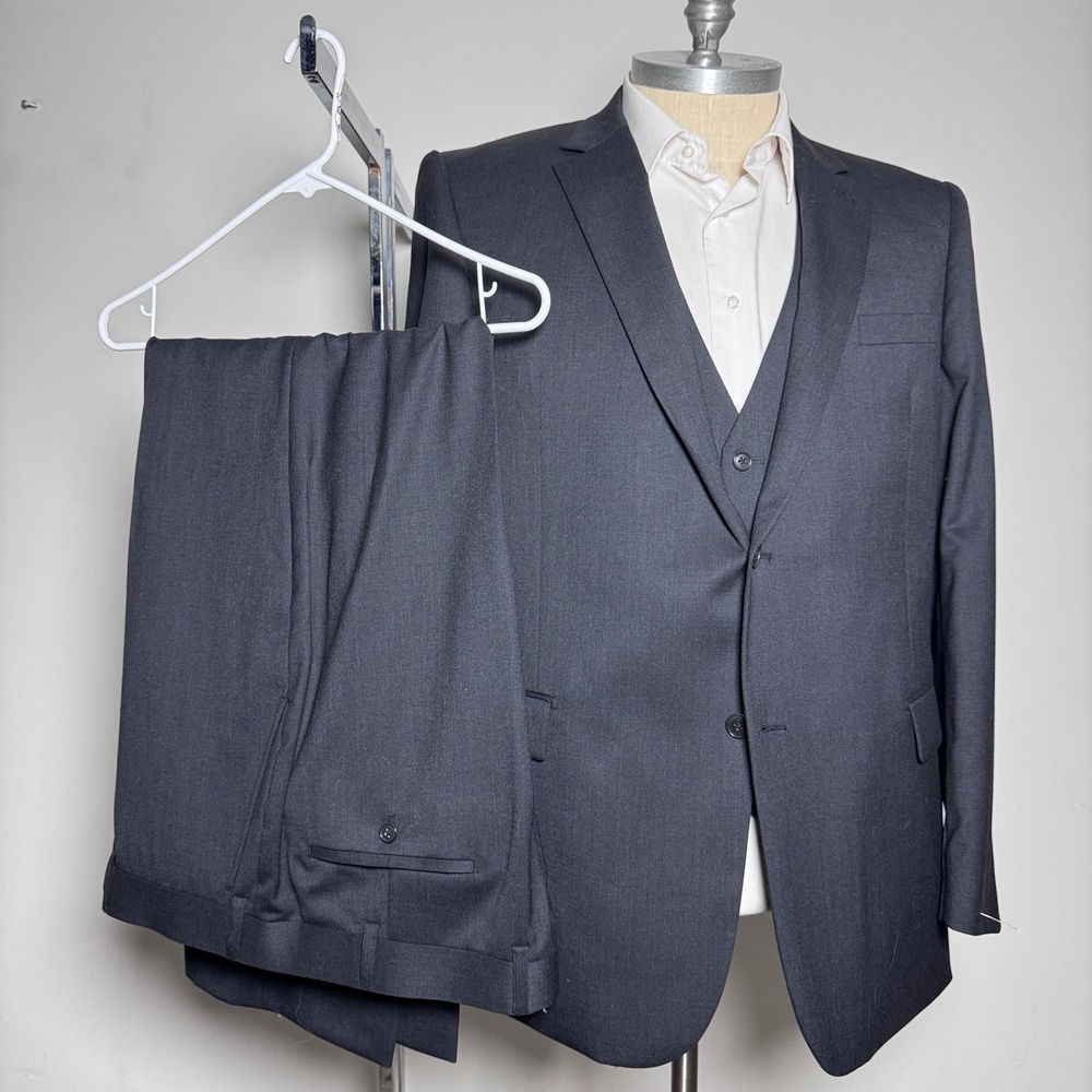Linea‎ Uomo 3-Piece Suit Mens 46L 38x31 Charcoal Gray Solid Wool Slim Fit